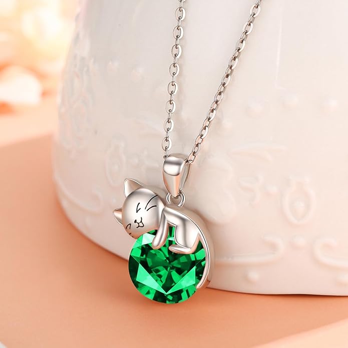 LONAGO Cat Necklace with Birthstone 925 Sterling Silver Cat Pendant Necklace Gift for Women