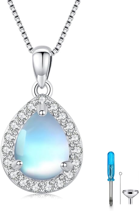 Urn necklace for Ashes 925 Sterling Silver Opal/Turquoise/Moonstone/Moss agate Pendant Cremation Memory Jewelry Keepsake Gifts for Women