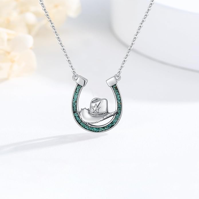 Midir&Etain Western Necklace 925 Sterling Silver Turquoise Pendant Cow Skull/Hat/Tag/Cactus Cowgirl Country Jewelry for Women Men