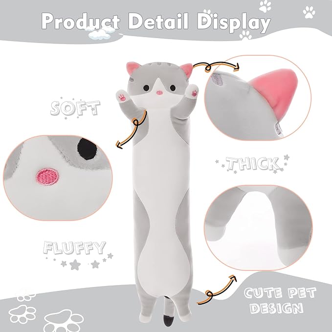 Long Cat Plush Pillow, 19.6in Cute Cat Plushie Stuffed Animals Body Pillow, Grey Kawaii Kitten Soft Plushie Doll Toy Birthday Gift for Kids Girlfriend
