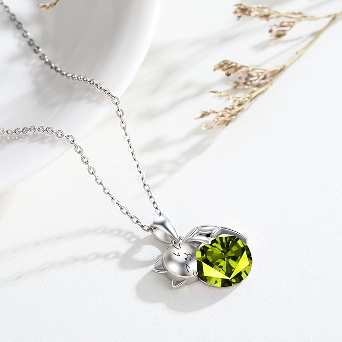 LONAGO Cat Necklace with Birthstone 925 Sterling Silver Cat Pendant Necklace Gift for Women