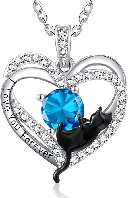 Birthstone Cat Necklaces,925 Sterling Silver Cat Necklace Heart Pendant for Women,Dainty Animal Jewelry for Her,Wedding Anniversary Birthday Gifts for Women Mom Grandma