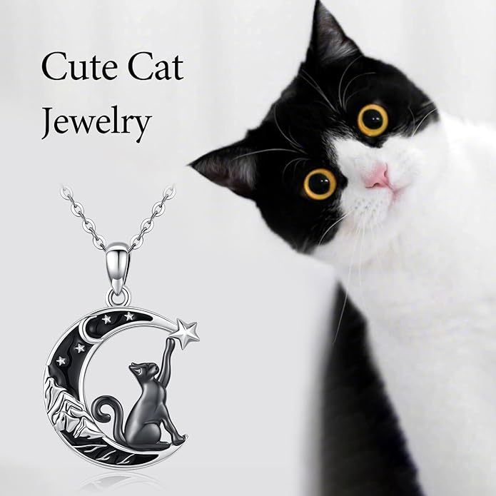 Odinstone Cat Necklace, S925 Sterling Silver Cat on Moon Pendant with Cubic Zirconia, Cat Jewelry Mothers Day Gifts for Mum with Gift Package - I Love You Forever