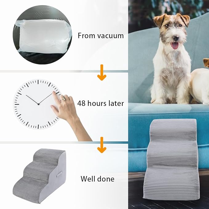 High Density Foam Dog Stairs Steps, 17.8’’ Non-Slip Extra Wide Deep Pet Steps for Beds Or Couches, for Injured or Older Pets Dogs and Cats with Joint Pain, 3-Tiers (Grey)
