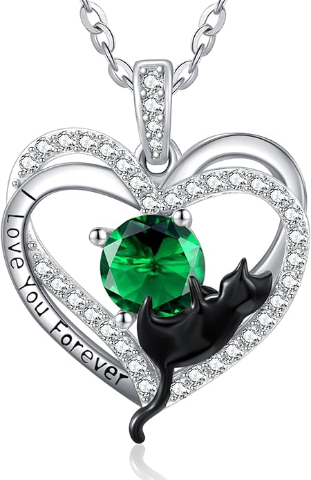 Birthstone Cat Necklaces,925 Sterling Silver Cat Necklace Heart Pendant for Women,Dainty Animal Jewelry for Her,Wedding Anniversary Birthday Gifts for Women Mom Grandma