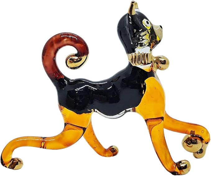 Tiny 2⅞" Black Brown Standing Play Ball Cat Figurine Miniature Hand Blown Painted Glass Cats Kitten Feline Animals Cute Crystal Decorative Collectible Figurines Décor Gifts