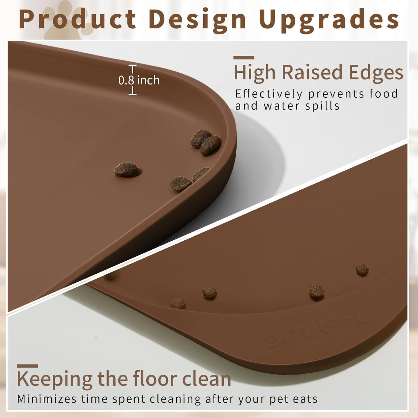Silicone Pet Feeding Mat with Raised Edge & Residue Collection Pocket for Food and Water, Dog Bowl Mats, Cat Bowls Placemat with High Lip for Floor Waterproof, 24 x 16 x 0.8 Brown