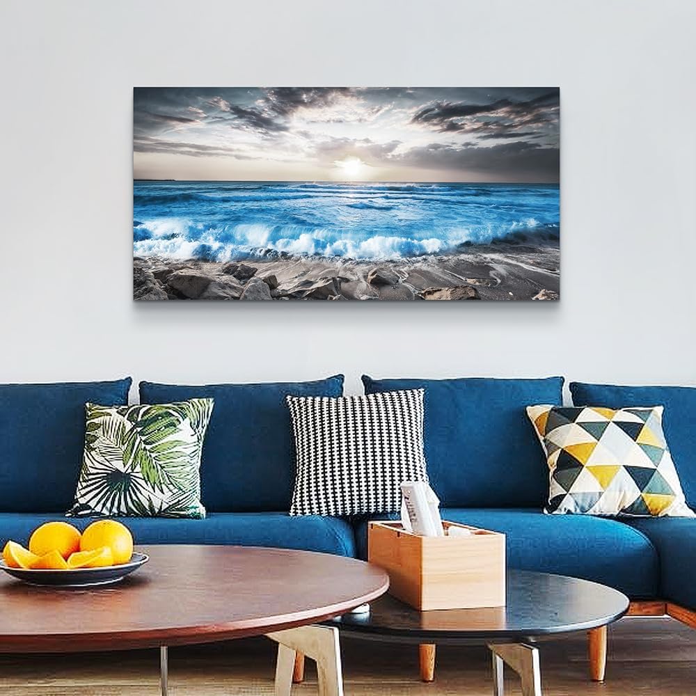 Lapremoly Large Wall Decoration For Living Room Framed Canvas Wall Art For Bedroom Office Wall Decor Black And White Beach Wall Painting Blue Sea Wave Pictures Artwork Modern Hotel Room Home Decor