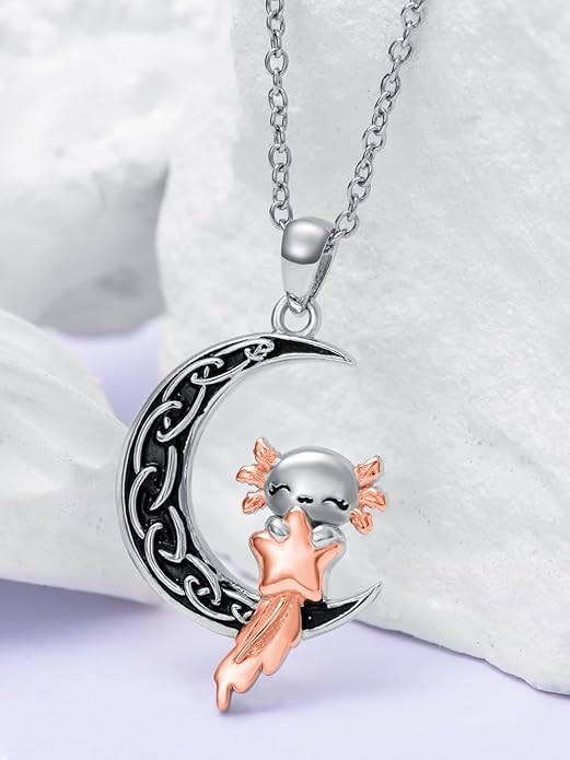 Fox/Cat/Axolotl/Sloth/Panda Necklace Crescent Moon Necklace 925 Sterling Silver Cute Animal Jewelry as Birthday Mothers Day Gifts for Women