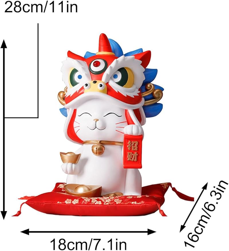 Lucky Cat Waving Arm Resin Statue, 11x7.1x6.3in Maneki Neko Fortune Cat Coin Bank Chinese Lion Dance Figurine for Store Opening Home Office Desk Decor White Waving Cat Ornament