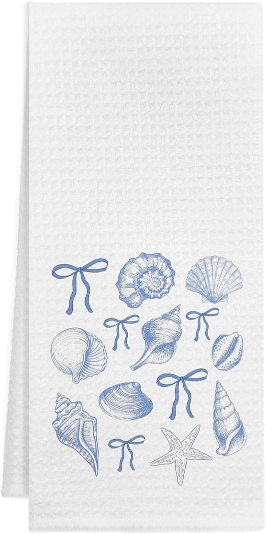 Coquette Blue Bow Seashell Beach Kitchen Towels, Preppy Blue Beach Hand Towels for Bathroom, Coastal Nautical Beachy Decorative Dish Tea Towels for Kitchen, 16x24 Inch