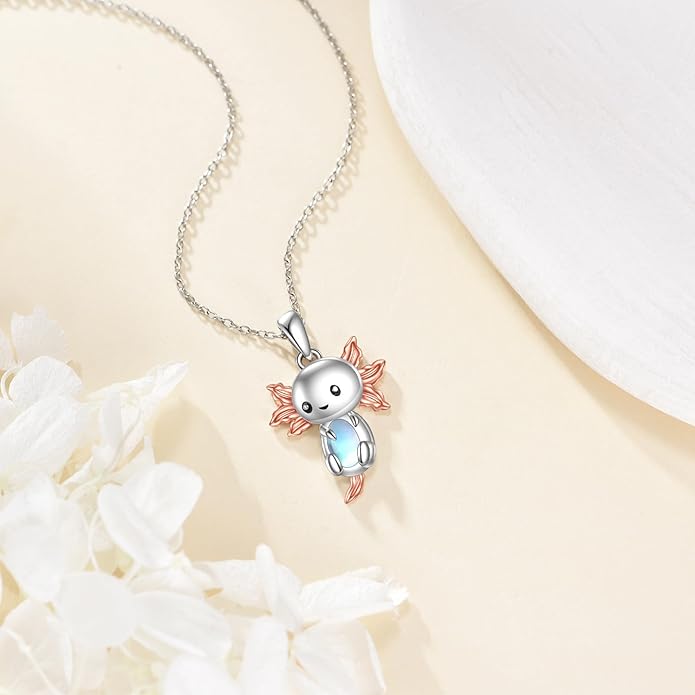 LUHE Axolotl/Cat/Fox Necklace for Women Sterling Silver Axolotl/Cat/Fox Jewelry Moonstone Pendant Necklace Gifts for Women