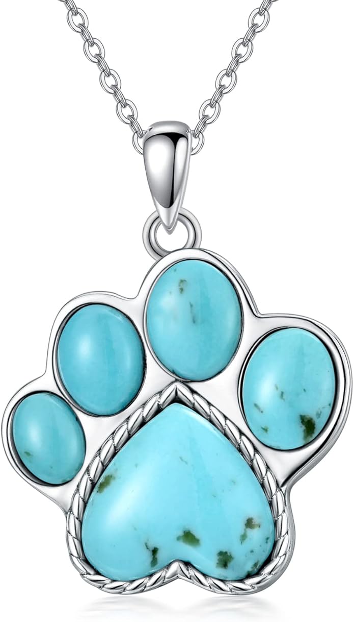 Paw Print Necklace 925 Sterling Silver with Genuine Turquoise/Larimar Dog Cat Kitten Puppy Footprint Pendant Animal Jewelry Gifts for Women Pet Lover