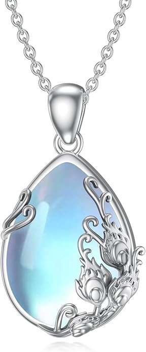 CRMAD Daisy/Black Cat/Dragonfly/Daffodil/Hummingbird/Stingray/Phoenix Feather/Rose Necklace Sterling Silver Moonstone Teardrop Pendant Necklace Flower Animal Jewelry Gifts for Women