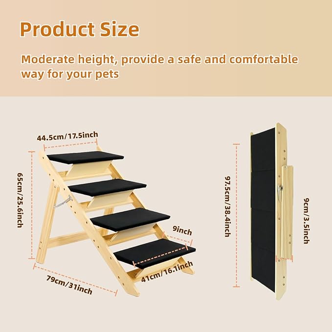 Foldable Dog Stairs/Ramp with 4 Steps - Durable Wooden Pet Stairs for Small, Medium, Large Dogs - Black (5098)