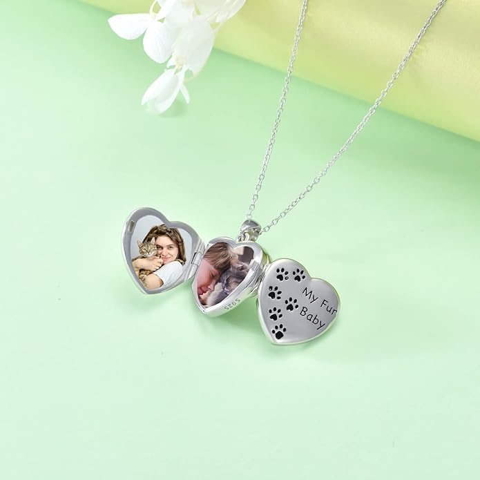 Personalized Paw Print Heart Locket Necklace 925 Sterling Silver That Holds Pictures Puppy Dog Cat Pet Pendant Jewelry for Women