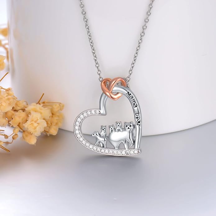 Mothers Day Gift for Mom 925 Sterling Silver Mama Bear/Dinosaur/Cat/Bird/Chicken Necklace with 1 2 3 4 5 Cubs Jewelry for Women Wife Grandma