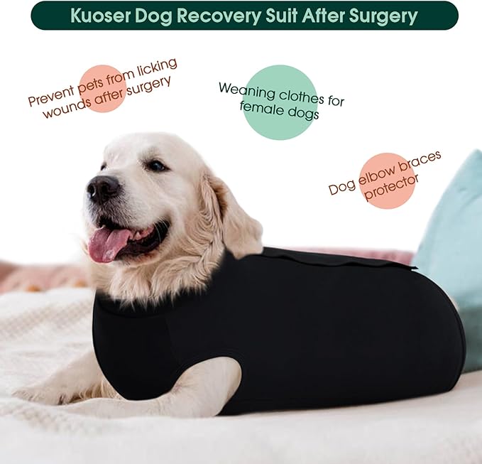 Kuoser Dog Surgery Suit Female Spay Male Neuter, Dog Leg Sleeve to Stop Licking Soft Dog Onesie for Abdominal Wound, Dog Recovery Suit Rear Leg Sleeves Pet Elbow Brace Protector, Black 4XL