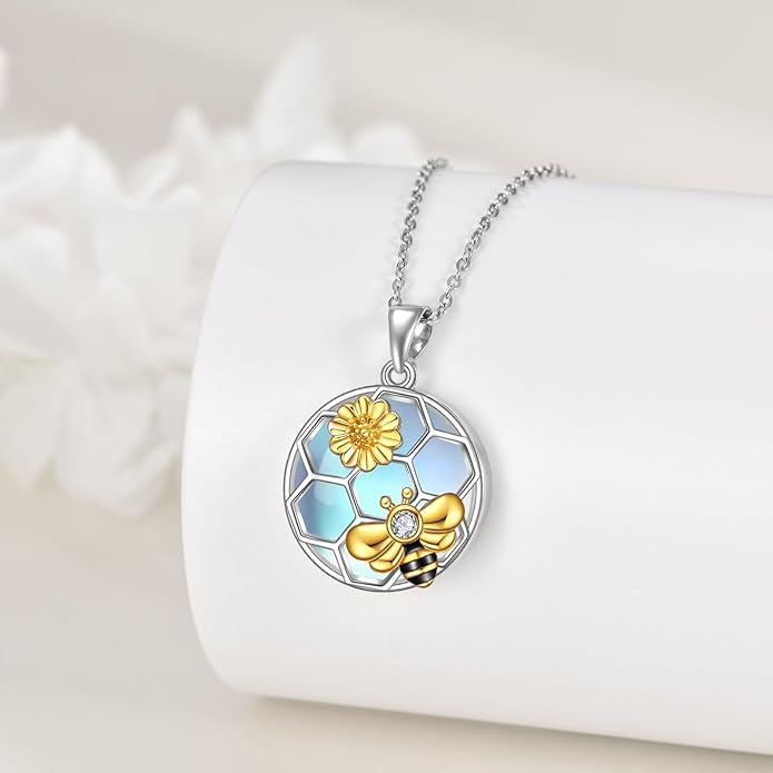 LUHE Bee Necklace 925 Sterling Silver Honeycomb Cute Flower Pendant Necklaces for Women Gifts for Her Women