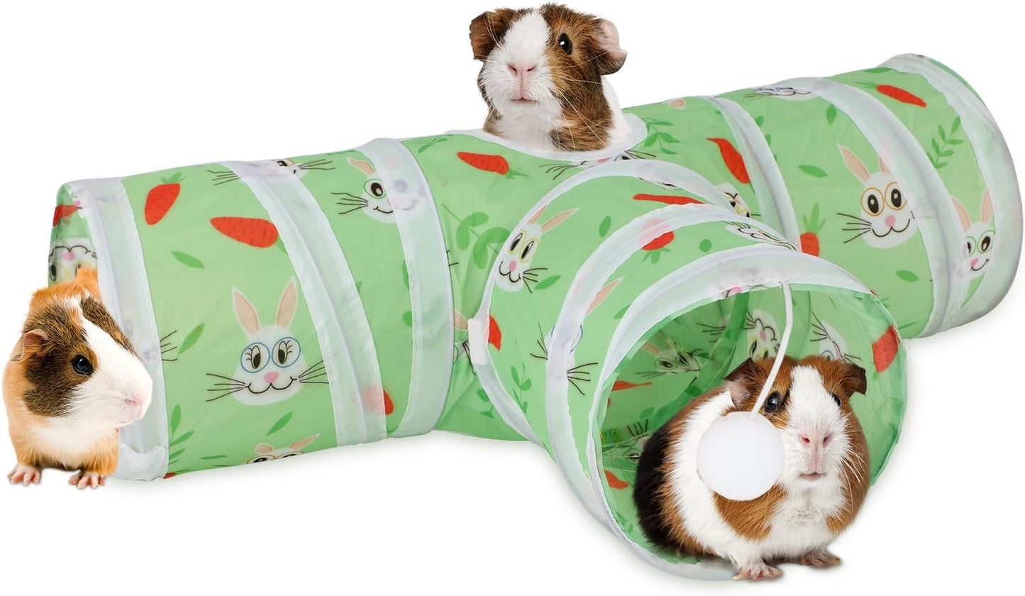 Rypet Guinea Pig Tunnel 3 Way Collapsible Small Pet Tunnels and Tubes with Interactive Ball for Baby Rabbit Ferret Hamster Chinchilla Hedgehog Hiding and Resting-Green