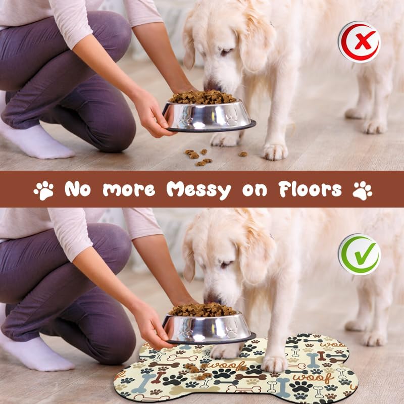 Dog Food Mats for Floors Waterproof, Pet Feeding Absorbent Water Bowl Mat Cat Placemats Beige Bone Shape 19 * 12 inch