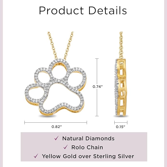 Jewelili Sterling Silver or Yellow Gold Plated Sterling Silver Dog Paw Pendant Necklace for Women | Treated Black or Natural White Round Diamonds | 18" Rolo Chain | Luxury Jewelry Gift for Her | Gift Box Included