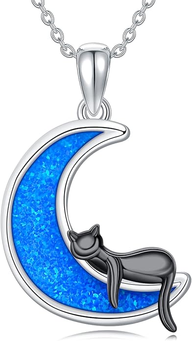 LONAGO Black Cat Moon Necklace with Created Blue Opal Sterling Silver Black Cat Necklaces Gift for Women