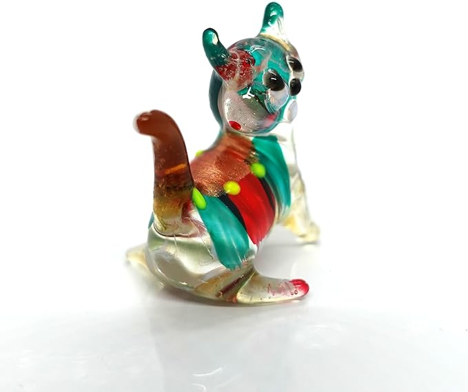Cat Tiny Figurines Blown Glass Art Animals Hand Painted Collectible Gift Decorate (Red Green)