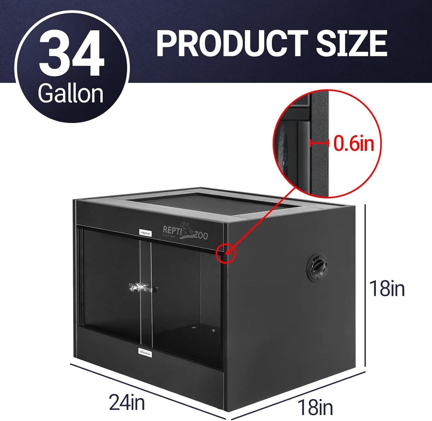 REPTI ZOO 34 Gallon PVC Reptile Terrarium, 24x18x18” Leopard Gecko Tanks with Glass Sliding Door & Top Screen Ventilation, Reptile Enclosure for Bearded Dragon Hermit Crab