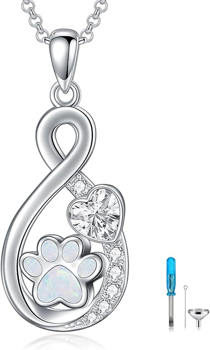 Pet Ashes Necklace 925 Sterling Silver Dog/Cat Urn Necklaces for Ashes Paw Print Pendant Pet Cremation Keepsake Memorial Jewelry for Women
