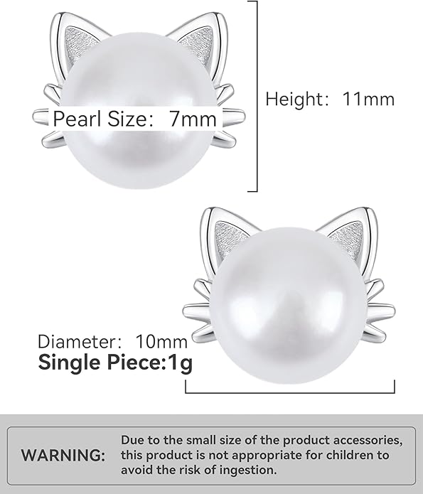 PANSTAR Hypoallergenic 925 Sterling Silver Pearl Cat Earrings for Women - Cute Dainty Cat Stud Earrings, Valentine’s & Mother’s Day Gift with Box