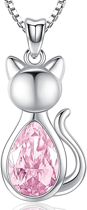 Odinstone Cat Birthstone Necklaces Jewelry Sterling Silver Cat Pendant Necklace Gift for Women Gifts, 18'' Silver Box Chain Women's Birthstone Crystal Cat Jewelry Gifts