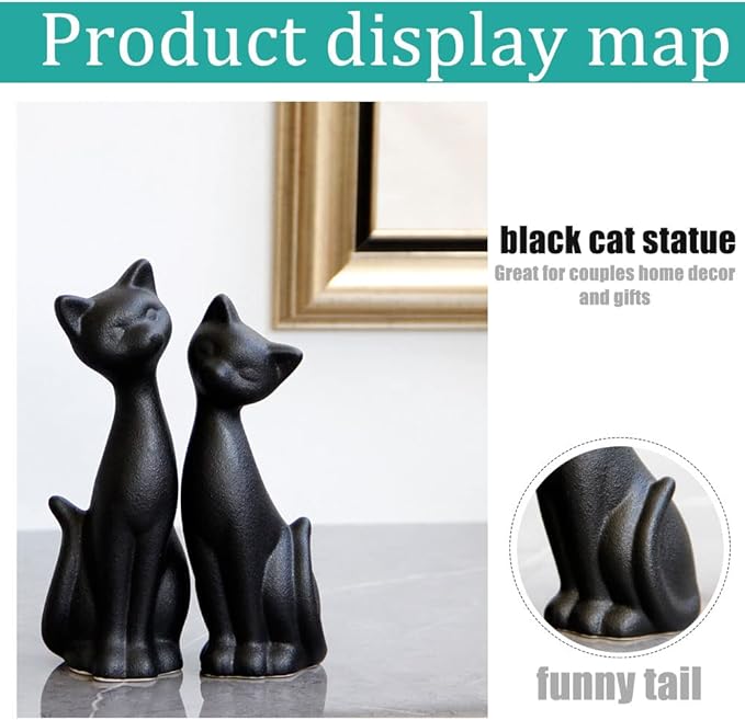 QIANLING 2Pcs Black Cat Statue, Home Decor Mini Cat Figurines, Room Decor Matt Ceramic Small Cat Figurine, Give Cat Figurines for Cat Lovers,Ideal for Interior Decoration Or Couples, Wedding Gifts