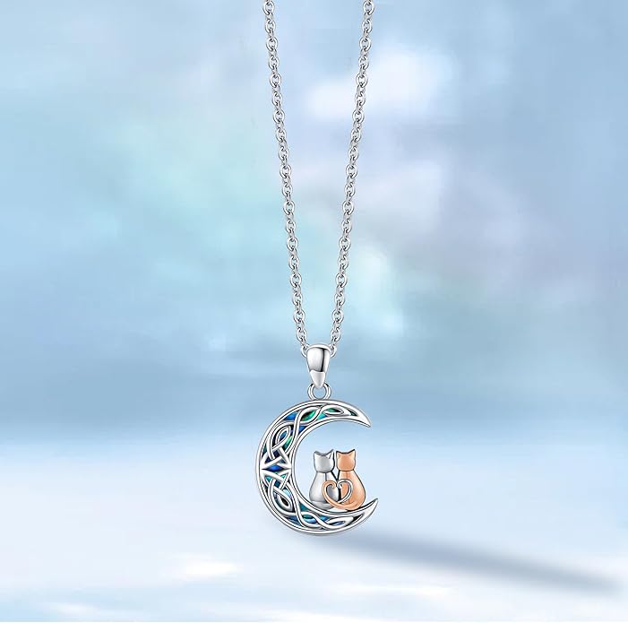 Odinstone Cat Necklace, S925 Sterling Silver Cat on Moon Pendant with Cubic Zirconia, Cat Jewelry Mothers Day Gifts for Mum with Gift Package - I Love You Forever