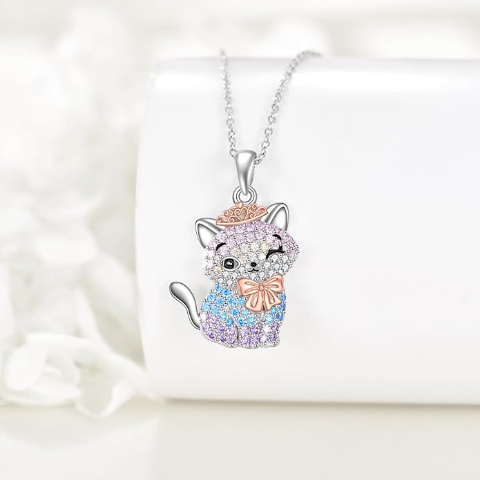 Cat Necklace Sterling Silver Cat Pendnat with Rose Quartz Pearl Jewelry Gifts for Women Cat Lovers