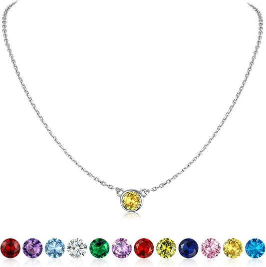 SILVERCUTE Sterling Silver Birthstone Necklace for Women,Dainty Silver Pendant Necklace with Round Cubic Zirconia,16"-18"