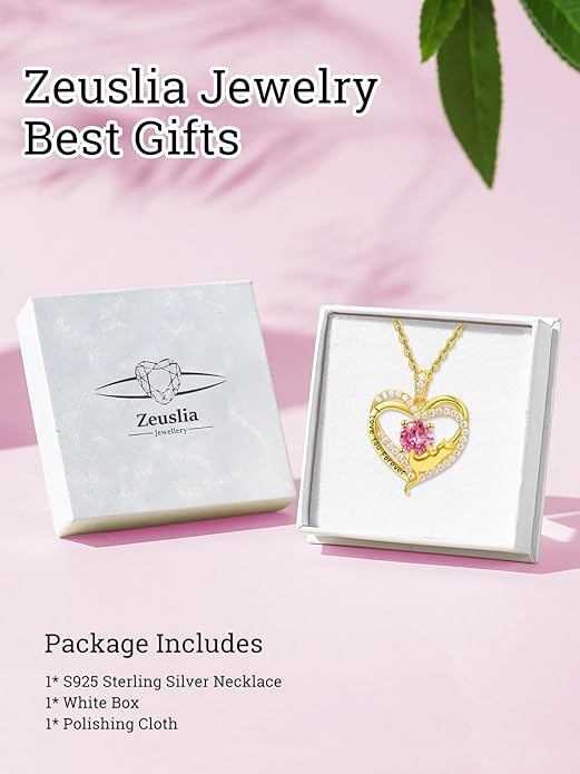 Birthstone Cat Necklaces,925 Sterling Silver Cat Necklace Heart Pendant for Women,Dainty Animal Jewelry for Her,Wedding Anniversary Birthday Gifts for Women Mom Grandma