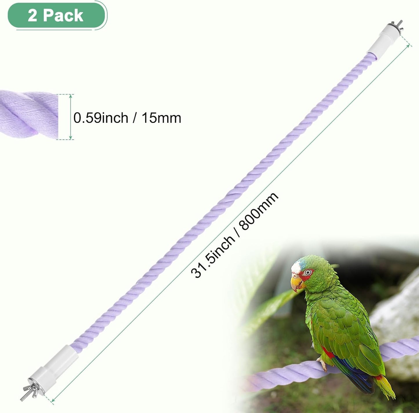 2-Pack Rope Perches for Bird Cages, 31.5 in Length Comfort Grip Flexible Rope Perch Beak & Paw Grinding for Parrots/Cockatiels/Parakeets, Bird Platform Sand [Purple]
