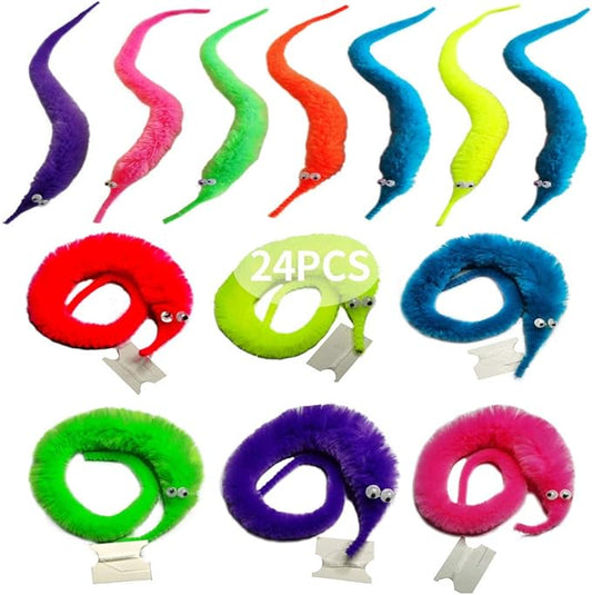 24 Pieces Fuzzy Worm Toys, String Worm Pets Fuzzy Worms On String Bulk Trick Toy Party Favors for Kid Cat (6 Colors)