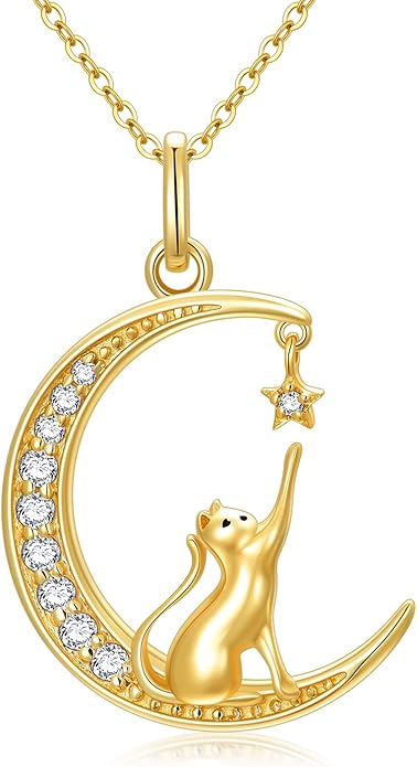 SISGEM 14K Real Gold Moon Cat Necklace for Women, Delicate Gold Cat Star Crescent Moon Pendant Anniversary Jewelry Gift for Her,Wife, Mom 18"