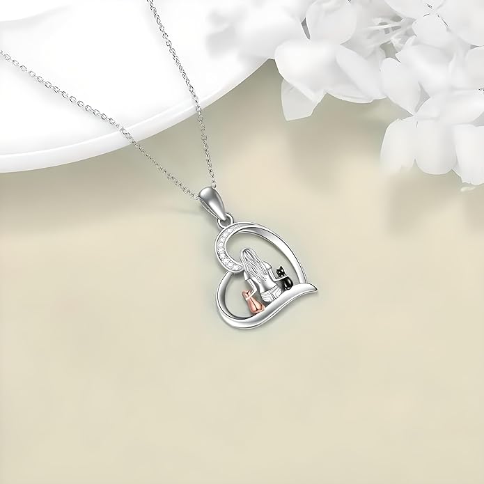 Cute Heart Necklace, With Black Cat - Charming Cat Heart in Rose Gold - Stylish Gift for Women & Party Accessory