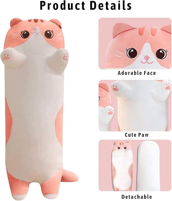 Cat Stuffed Animal Kids Body Pillow for Girls, Soft Cute Plushies Long Cat Hugging Body Pillows with Removable Zipper Cover, Pink Cat Plush Pillow for Cuddling Sofa Bed Décor