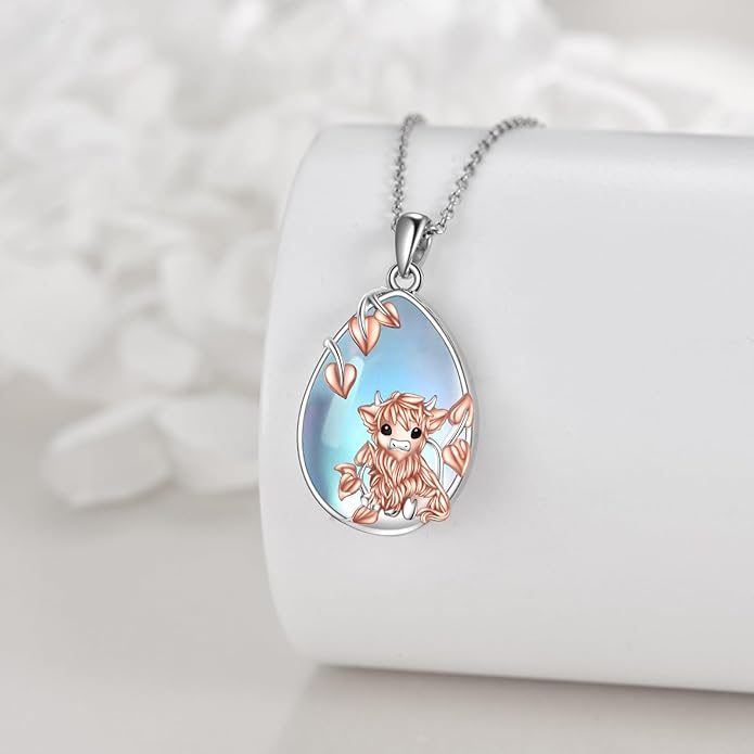 LUHE Moonstone Necklace 925 Sterling Silver Fox/Axolotl/Cat/Raccoon/Penguin/Frog/Panda/Highland Cow Pendant Necklace Animal Jewelry Gifts for Women
