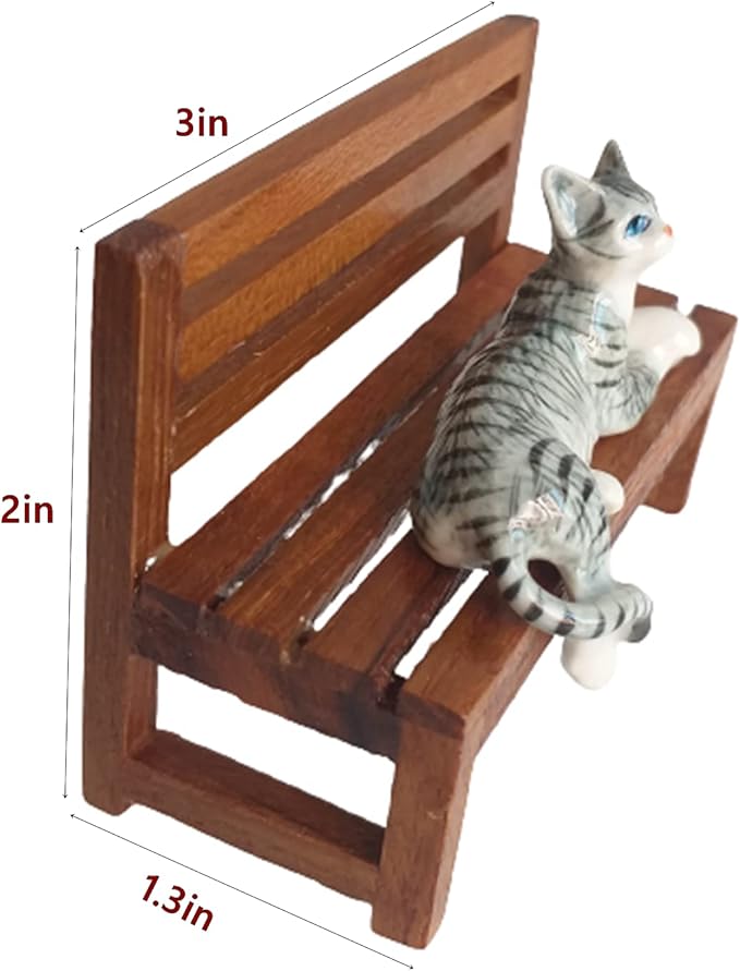 Ceramic Cat Figurine Relaxed Gray Tabby Porcelain Kitten Adorable Pet Kitty Collectible Miniatures Hand Painted Animal with Bench Home Decor or Gift