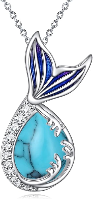 Teardrop Moss Agate/Turquoise/Moonstone/Larimar Mermaid/Fox/Cat Necklace Sterling Silver Pendant Necklace Jewelry Gifts for Women