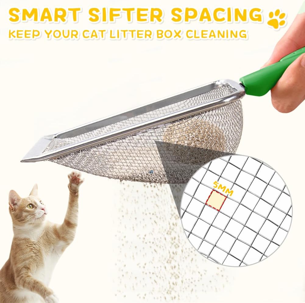 Metal Cat Litter Scoop,Sturdy Litter Cleaner Corner Shovel,Stainless Steel Mesh Litter Shovel,Easy to Clean Reptile Terrarium Sand Waste(Green)