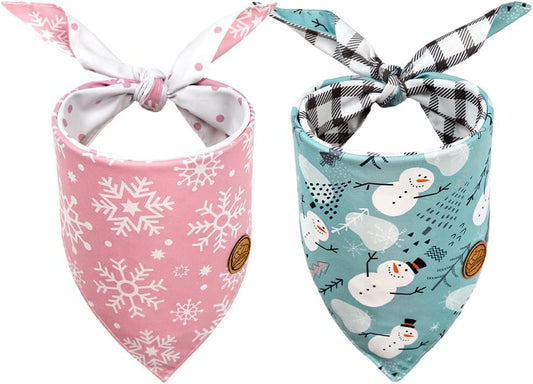 CROWNED BEAUTY Christmas Dog Bandanas Reversible Large 2 Pack, Winter Whimsy Set, Adjustable Triangle Scarves for Medium Large Extra Large Dogs Girl Boy Pets DB80-L