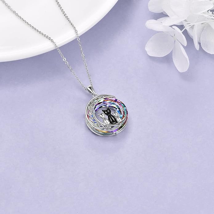 MONGAS Cat Necklace Sterling Silver Sister Pendant Necklace Black Cats Jewelry Gifts Cat Lover Woman Sisters