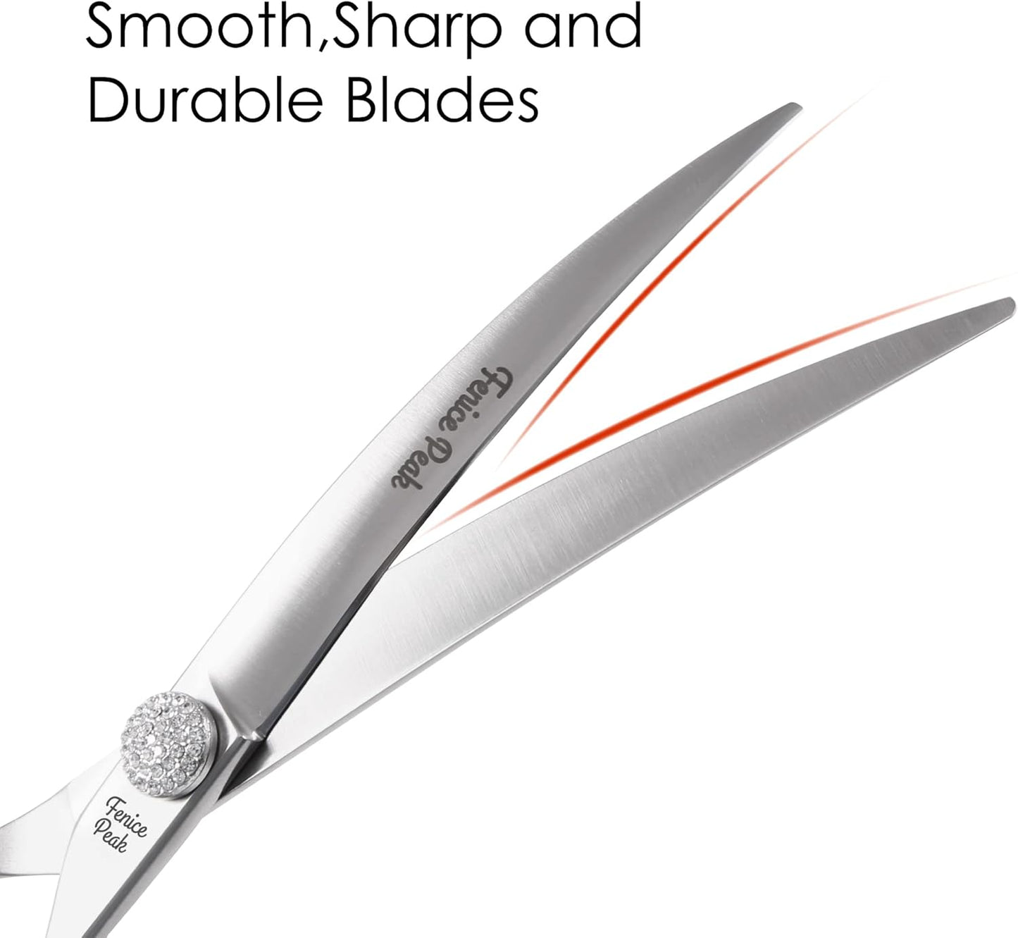 Fenice Peak Curved Dog Grooming Scissors with Jewelled Screw 440C Stainless Steel Pet Grooming Bending Scissors with Symmetrical Handle and Decorative Tail Nails Professional Groomer and Home User