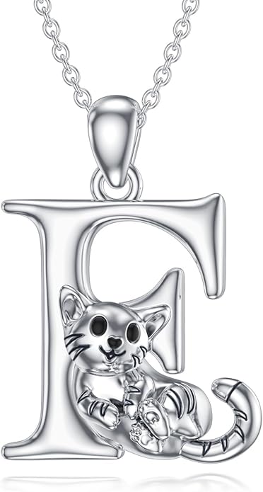 LONAGO Cat Initial Pendant Necklace Silver A to Z Letters Alphabet Necklace Gift for Women